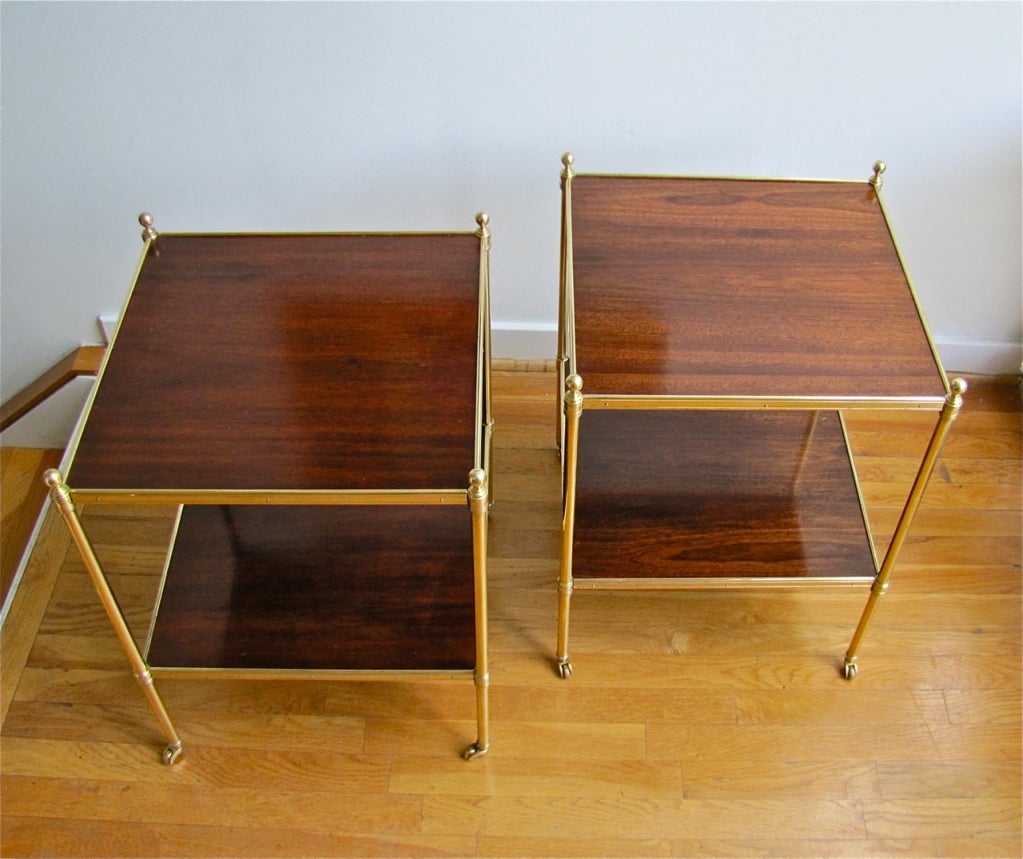 Pair Brass Mahogany 2 Tier End Side Tables 6
