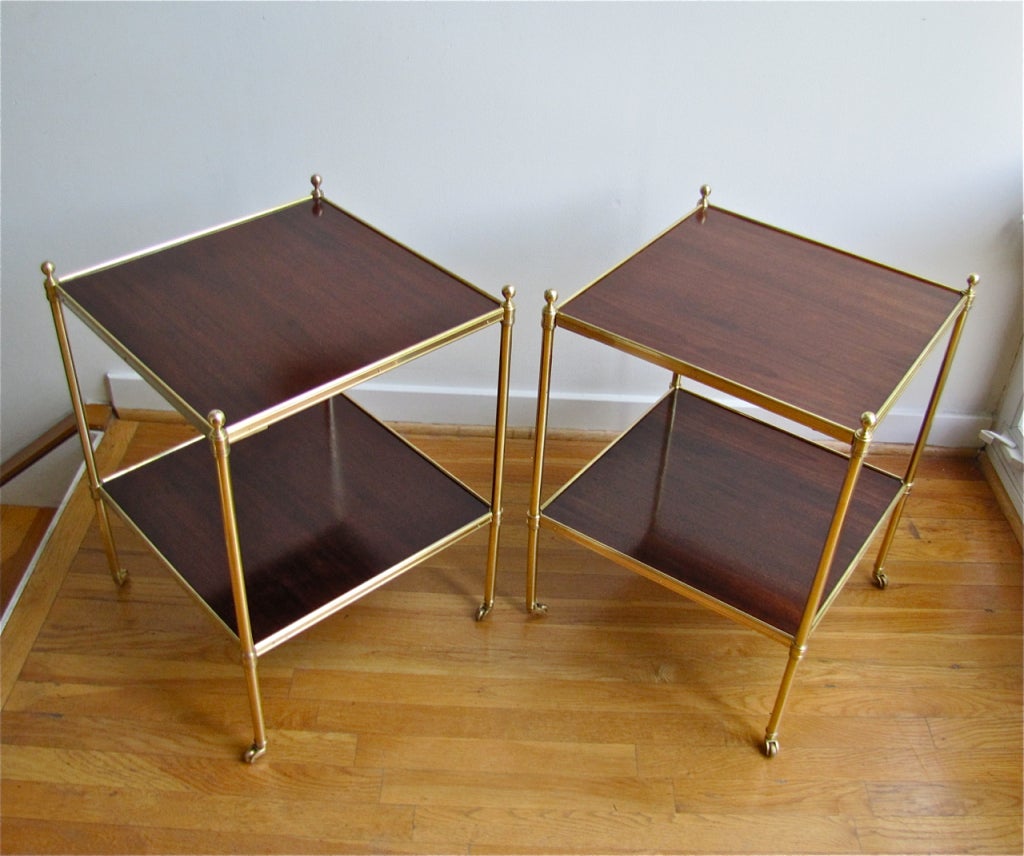 Pair Brass Mahogany 2 Tier End Side Tables 5