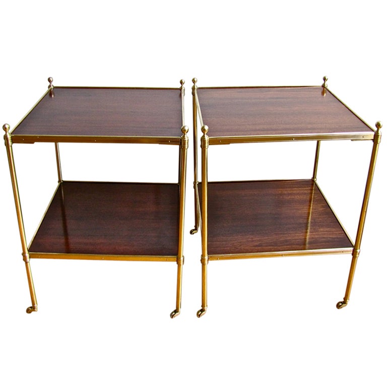 Pair Brass Mahogany 2 Tier End Side Tables