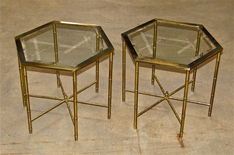 Pair of brass faux bamboo hexagonal tables with inset beveled glass tops by Mastercraft. Manufactured in Italy.