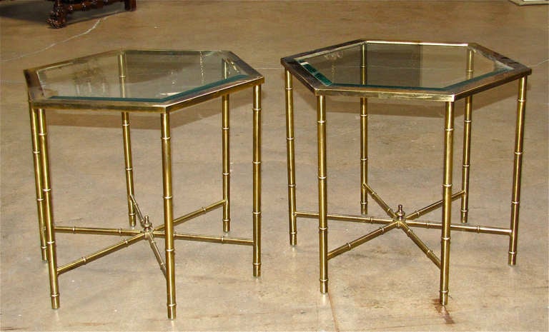Pair Mastercraft Faux Bamboo Brass Side End Tables 1
