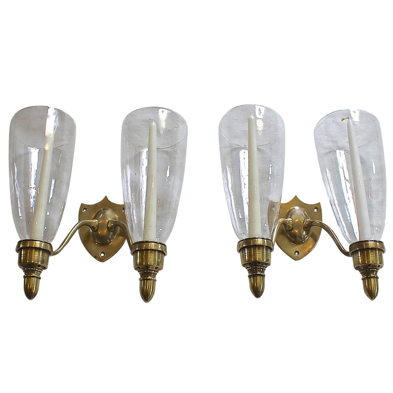 Pair of Federal Style Shield Back Brassm Two-Candle Wall Sconces