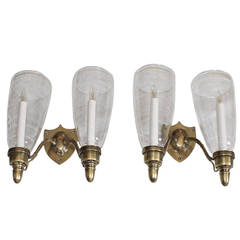 Pair of Federal Style Shield Back, Two-Light Brass Wall Sconces