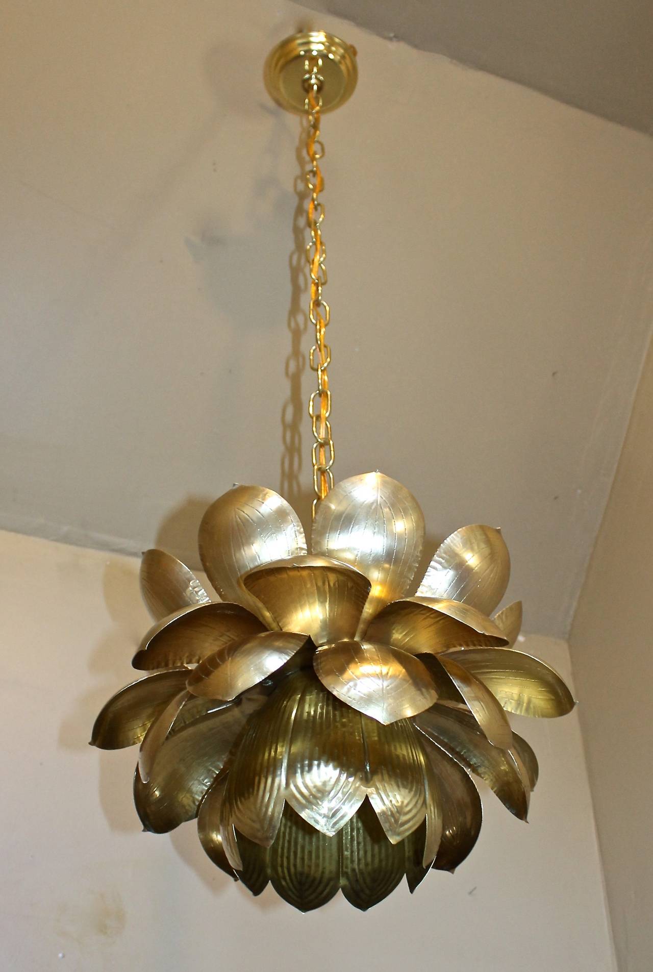 American Large Rare Feldman Brass Lotus Chandelier or Pendant