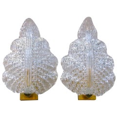 Pair Barovier Murano Large Clear Leaf Wall Sconces