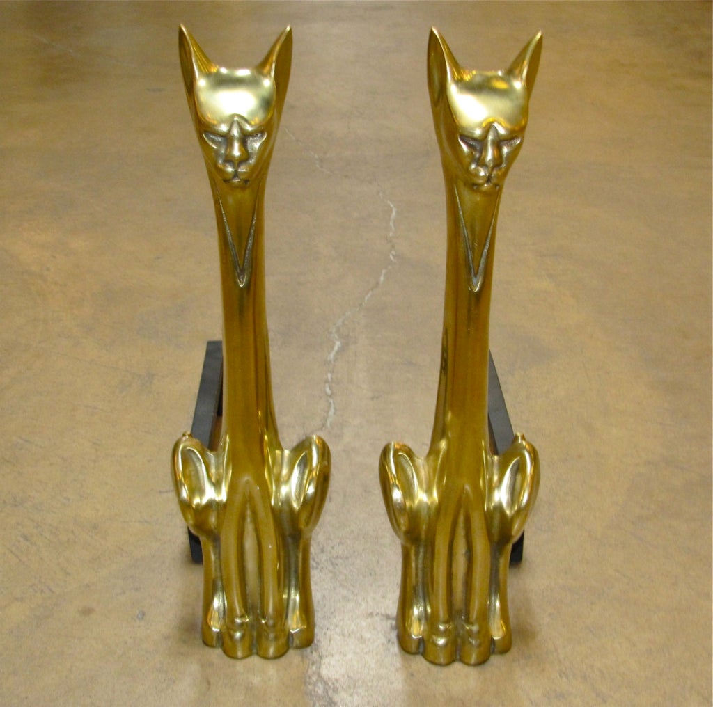 Pair Tall Stylized Cat Mid Century Brass Andirons 1
