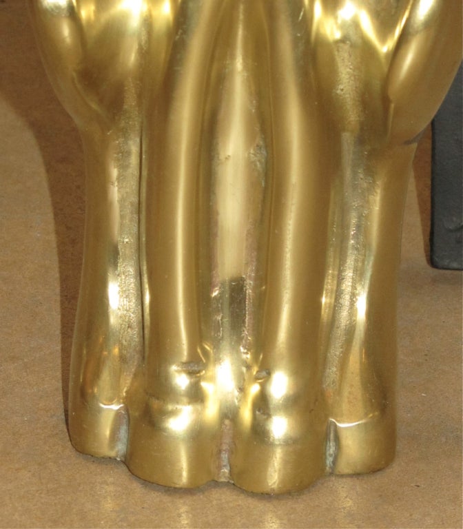 Pair Tall Stylized Cat Mid Century Brass Andirons 2