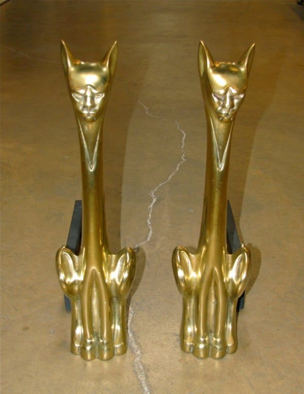 Pair Tall Stylized Cat Mid Century Brass Andirons 3