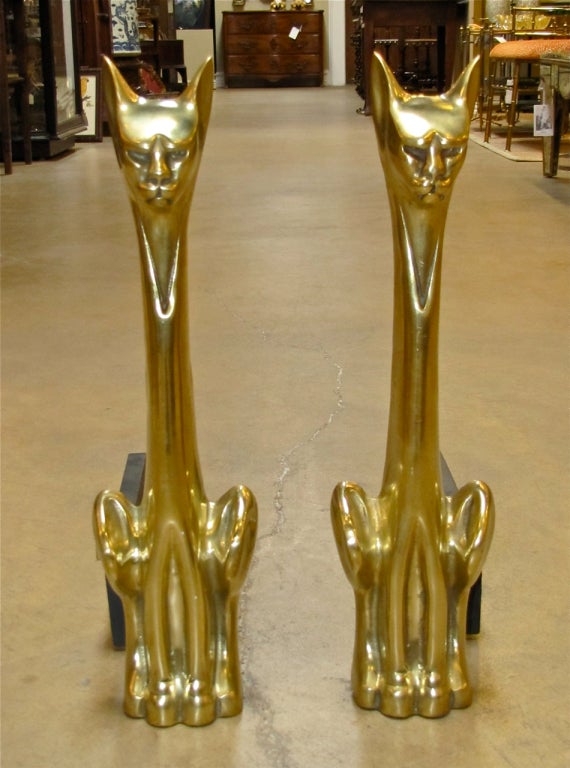 Pair Tall Stylized Cat Mid Century Brass Andirons 5