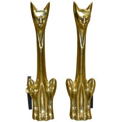 Vintage Pair Tall Stylized Cat Mid Century Brass Andirons