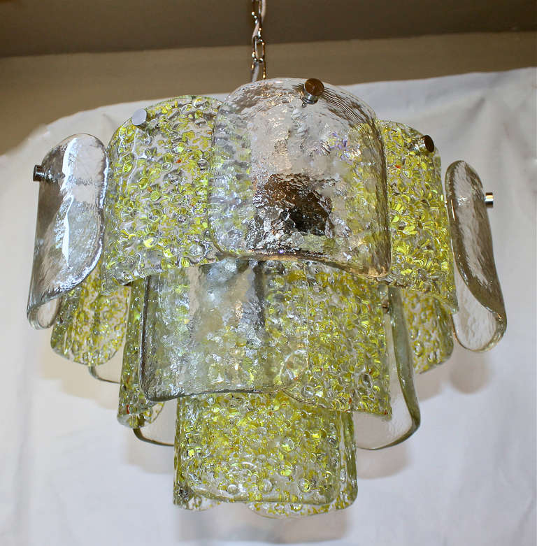 Italian Camer Murano Yellow and Clear Textured Panel Glass Chandelier