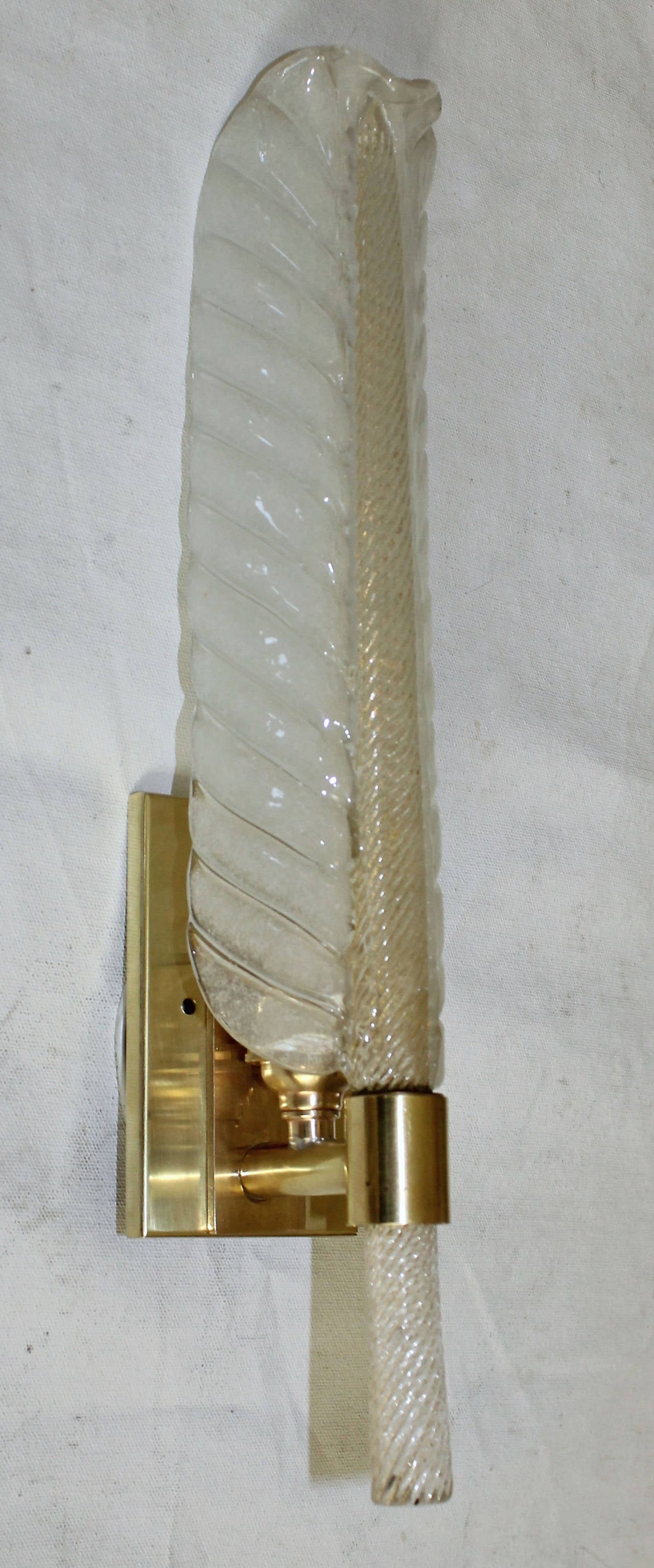 Brass Four Andre Arbus for Veronese Murano Plume Glass Wall Sconces