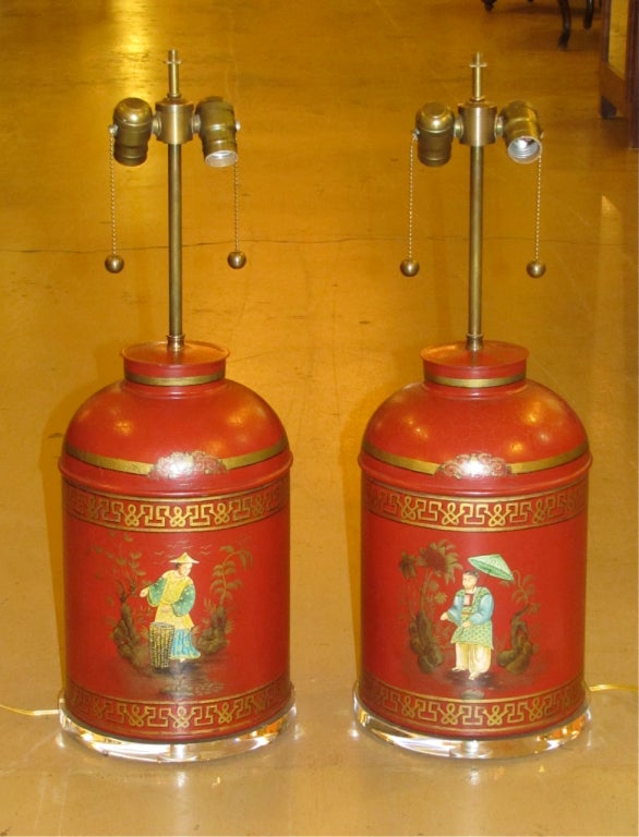 Pair English Chinoiserie Tea Canister Table Lamps