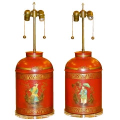 Retro Pair English Chinoiserie Tea Canister Table Lamps