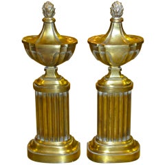 Pair Bronze Neoclassic Urn Column Andirons