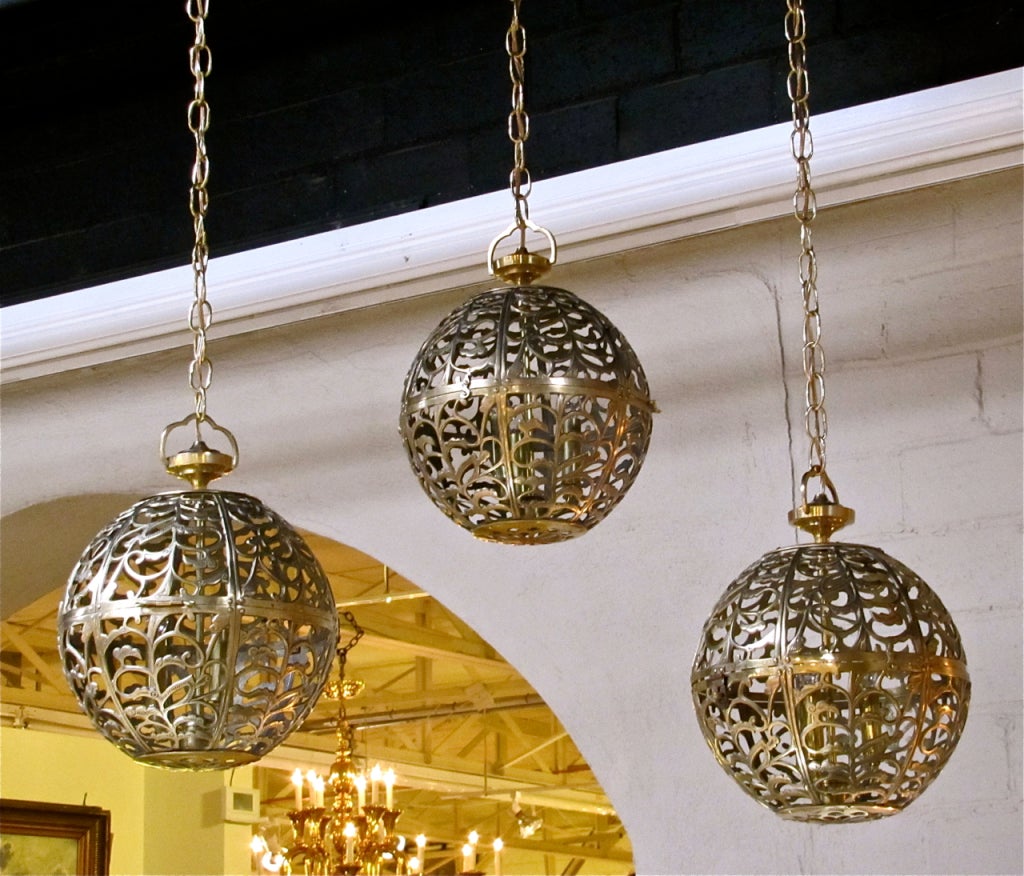 Japanese Trio Large Pierced Brass Asian Ceiling Light Pendants