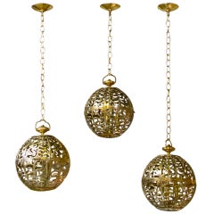 Trio Large Pierced Brass Asian Ceiling Light Pendants