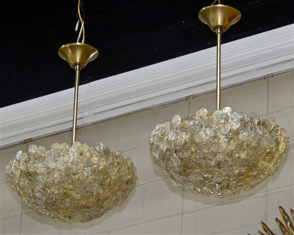 Pair of Barovier Murano Glass Floral Light Ceiling Pendants