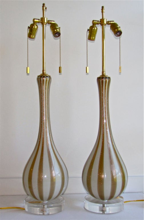 Brass Pair of Rare Circus Stripe Barbini Murano Italian Glass Lamps