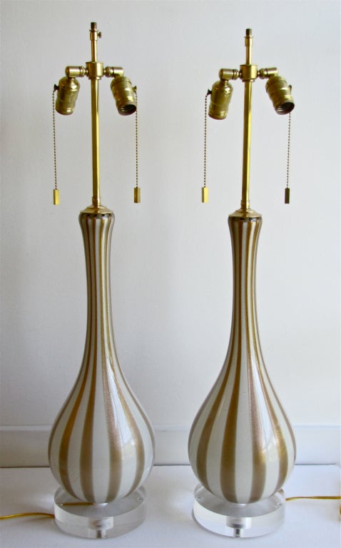 Pair of Rare Circus Stripe Barbini Murano Italian Glass Lamps 3