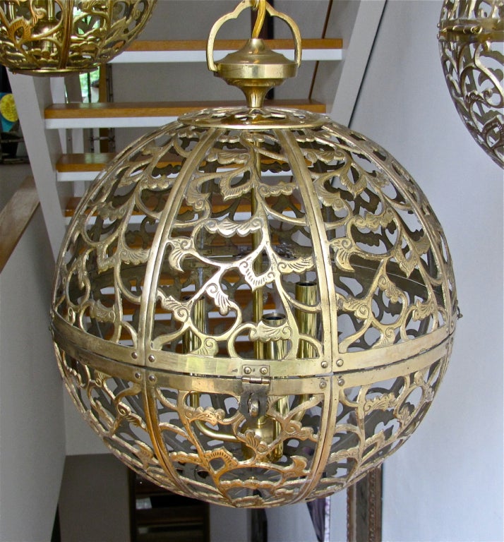 Trio of Pierced Brass Asian Ceiling Pendants in Various Sizes In Excellent Condition In Palm Springs, CA