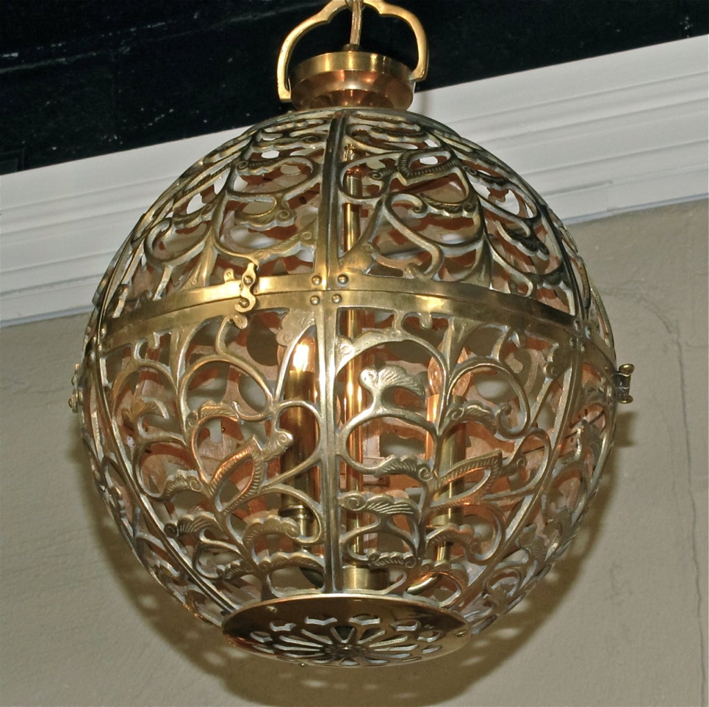 Trio of Pierced Brass Asian Ceiling Pendants in Various Sizes 3