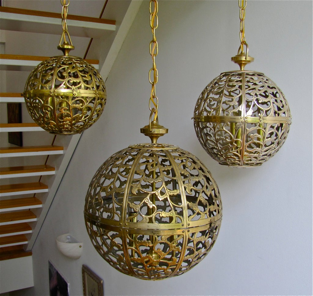 Trio of Pierced Brass Asian Ceiling Pendants in Various Sizes 4