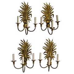 Four Large French Bagues Wheat Gilt Bronze Wall Sconces (2 Pairs)