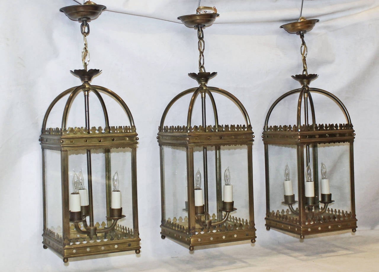 Set of Three Brass, English Gothic Revival Style Hall Lanterns or Pendants 4