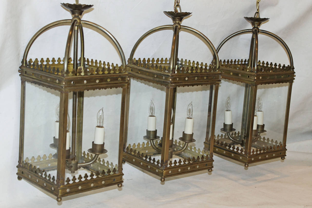 Set of Three Brass, English Gothic Revival Style Hall Lanterns or Pendants 1