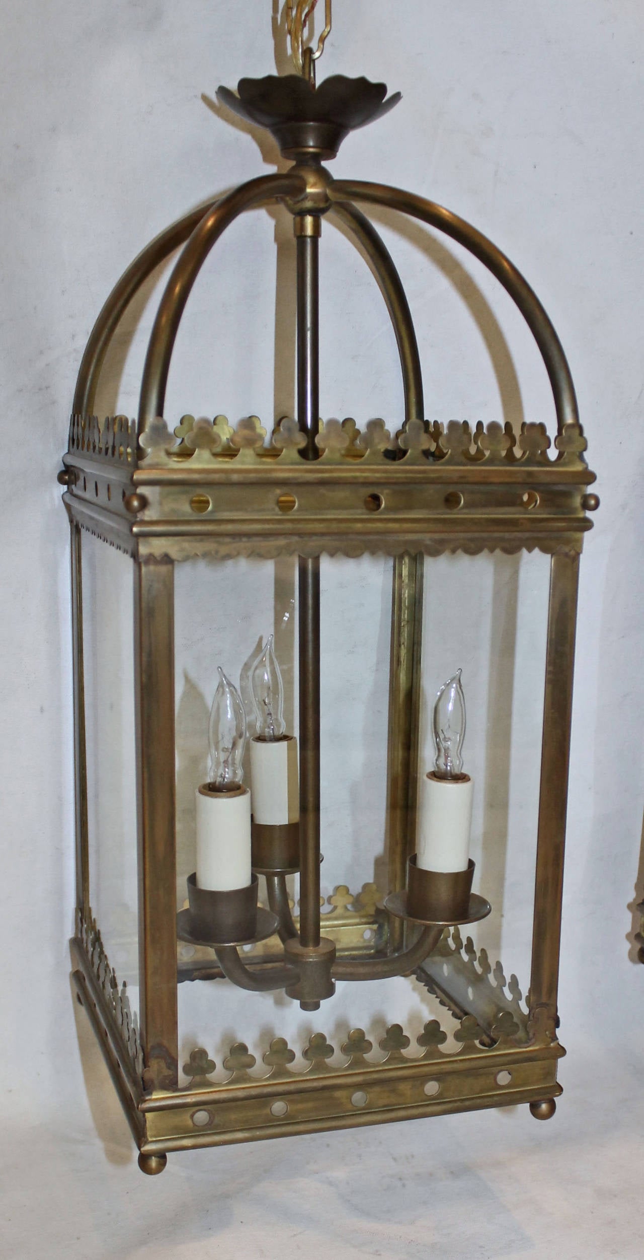 Set of Three Brass, English Gothic Revival Style Hall Lanterns or Pendants In Excellent Condition In Palm Springs, CA