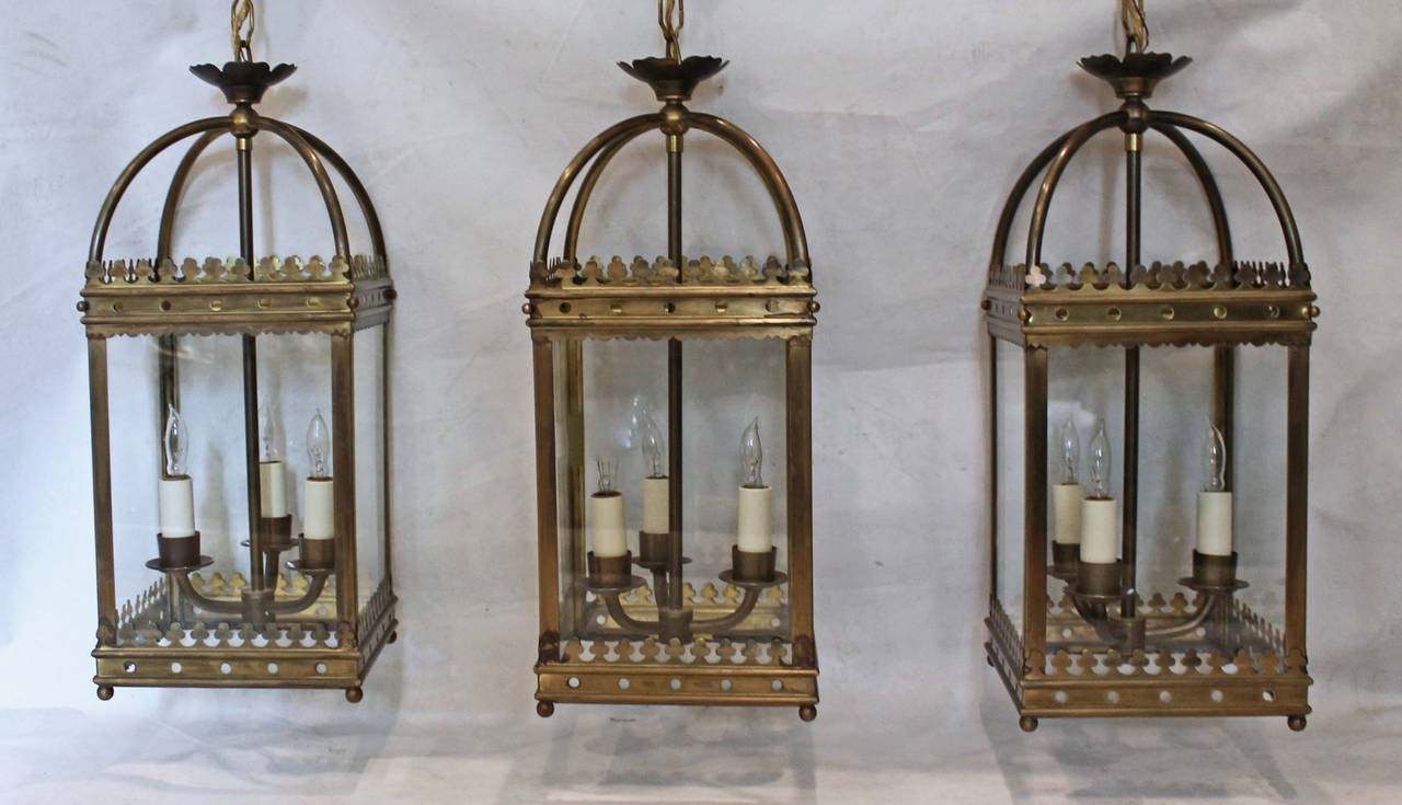 European Set of Three Brass, English Gothic Revival Style Hall Lanterns or Pendants