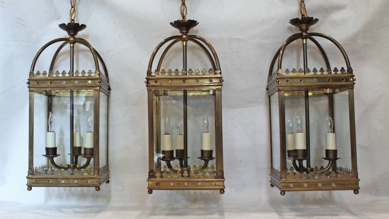 Set of Three Brass, English Gothic Revival Style Hall Lanterns or Pendants 3