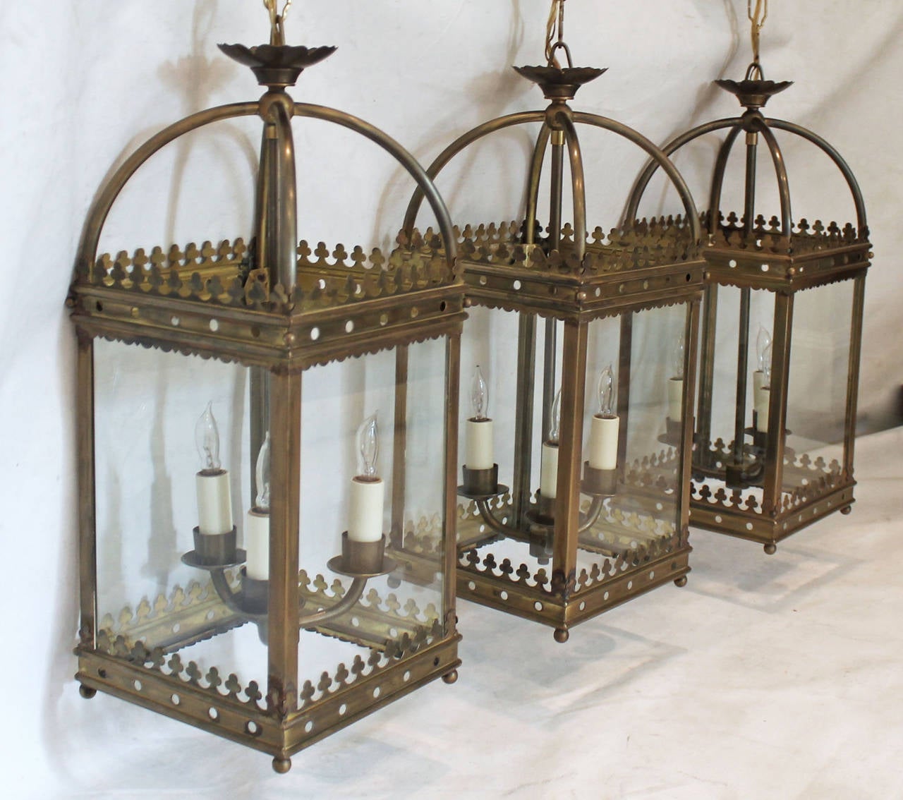 Blackened Set of Three Brass, English Gothic Revival Style Hall Lanterns or Pendants