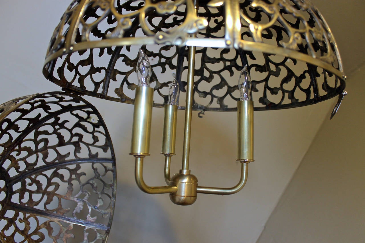 Large Pierced Brass Asian Pendant Light In Excellent Condition In Palm Springs, CA