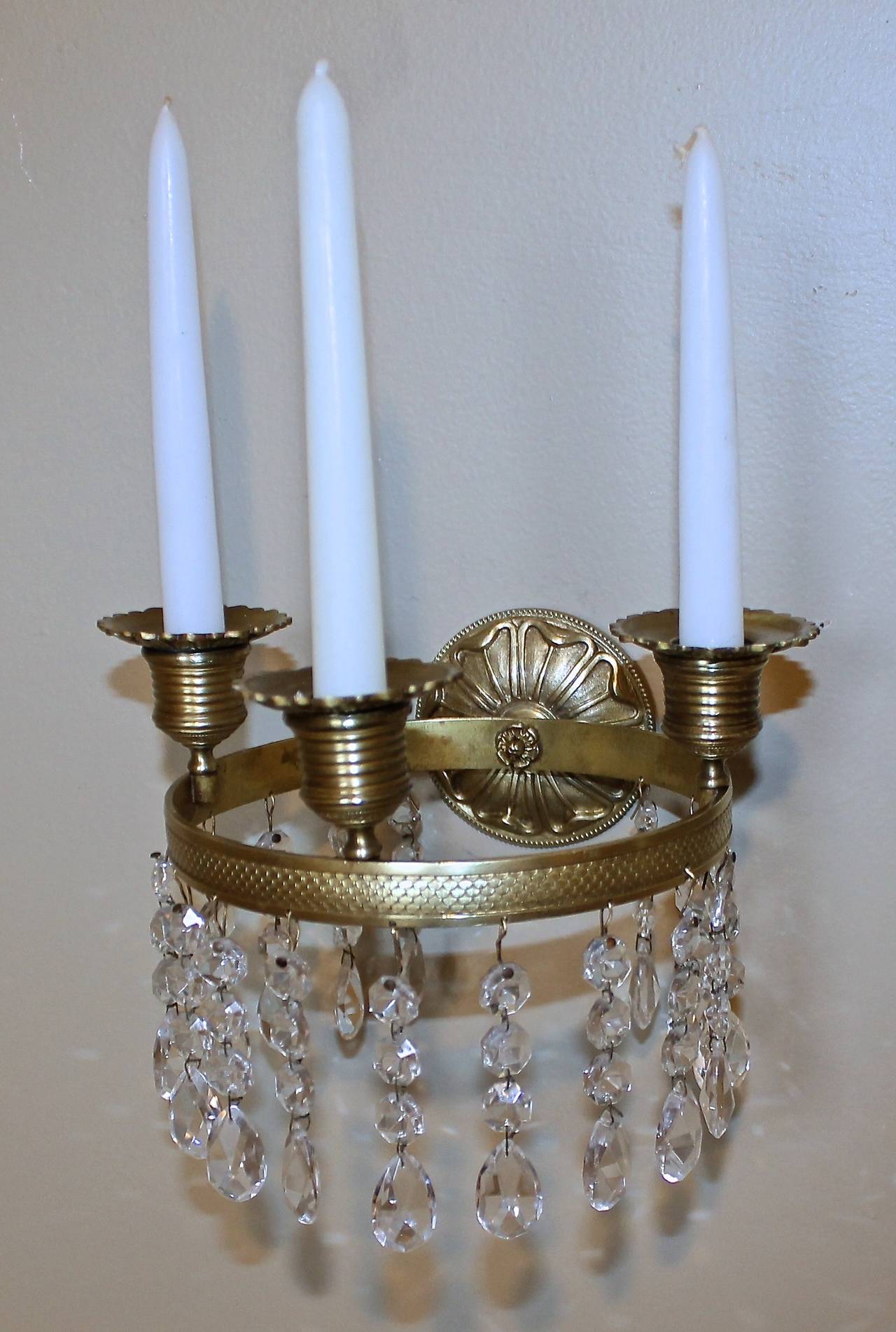 Pair of French Directoire Brass and Crystal Wall Sconces For Sale 1