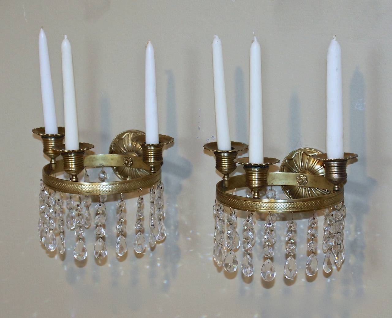 Pair of French Directoire Brass and Crystal Wall Sconces In Good Condition For Sale In Palm Springs, CA
