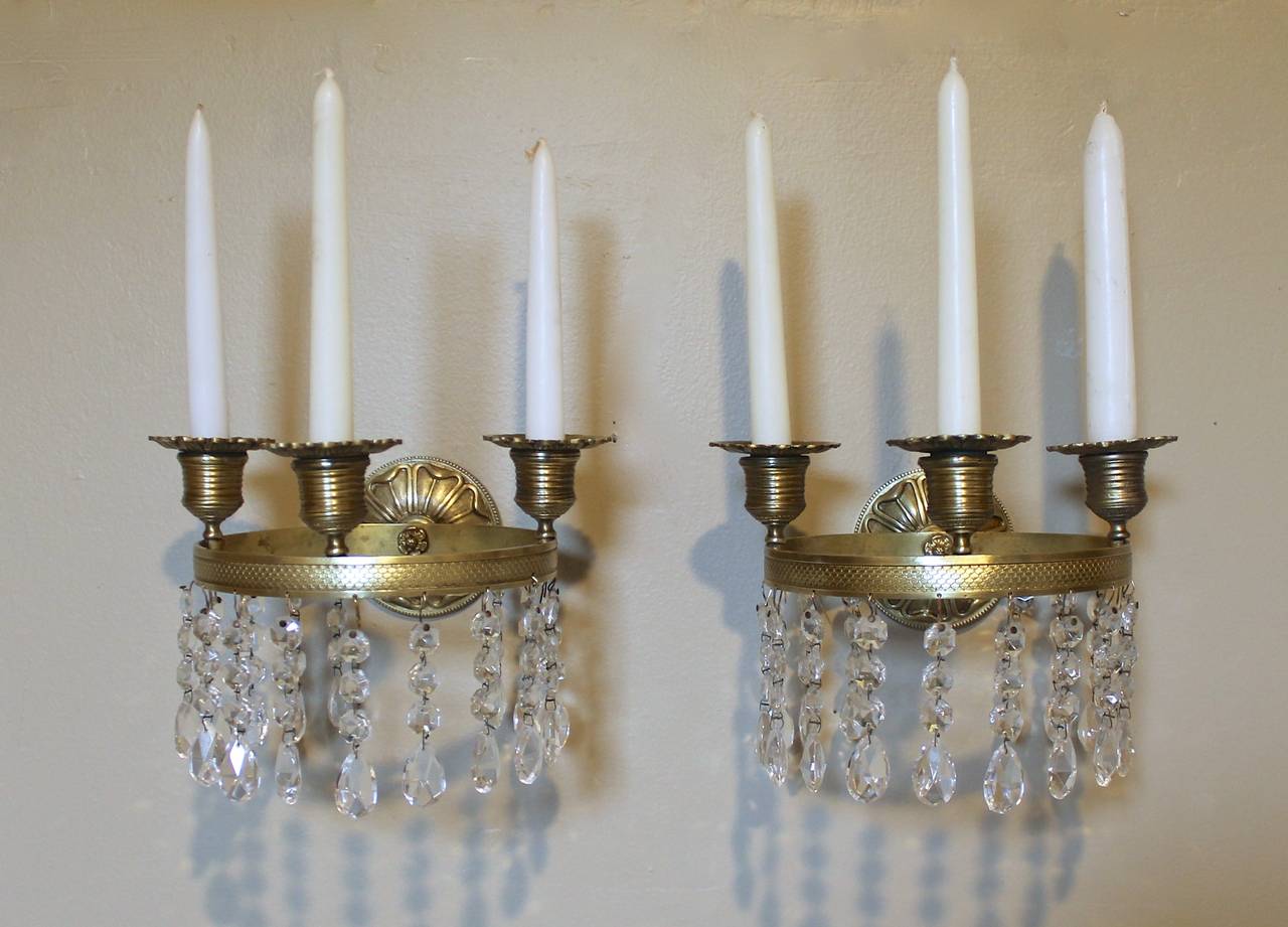 Pair of French Directoire Brass and Crystal Wall Sconces For Sale 6