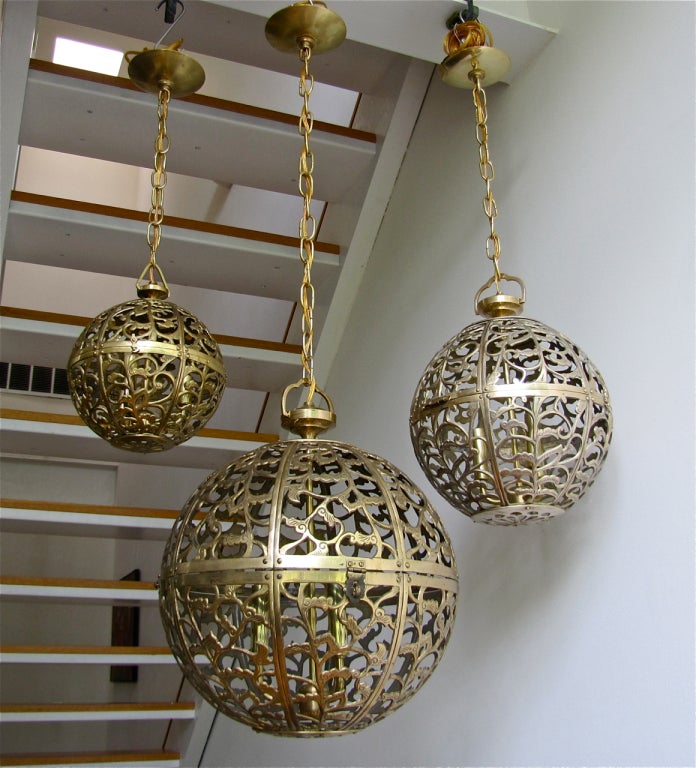 Trio of Pierced Brass Asian Ceiling Pendants in Various Sizes 2