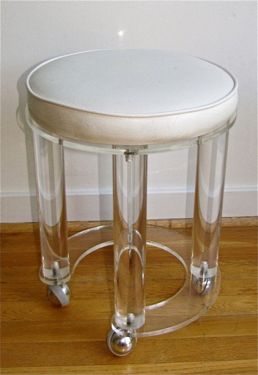 Late 20th Century Acrylic Round Vanity Stool White Faux Leather