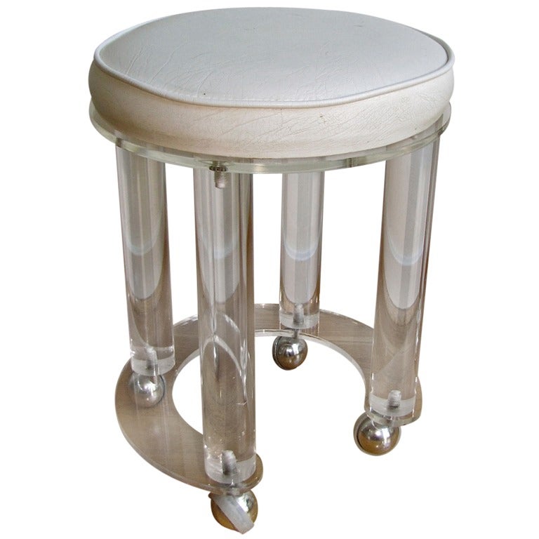 Acrylic Round Vanity Stool White Faux Leather