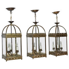 Set of Three Brass, English Gothic Revival Style Hall Lanterns or Pendants