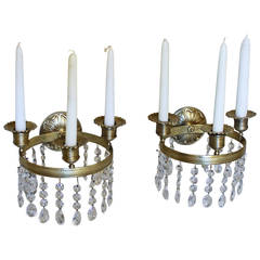 Antique Pair of French Directoire Brass and Crystal Wall Sconces