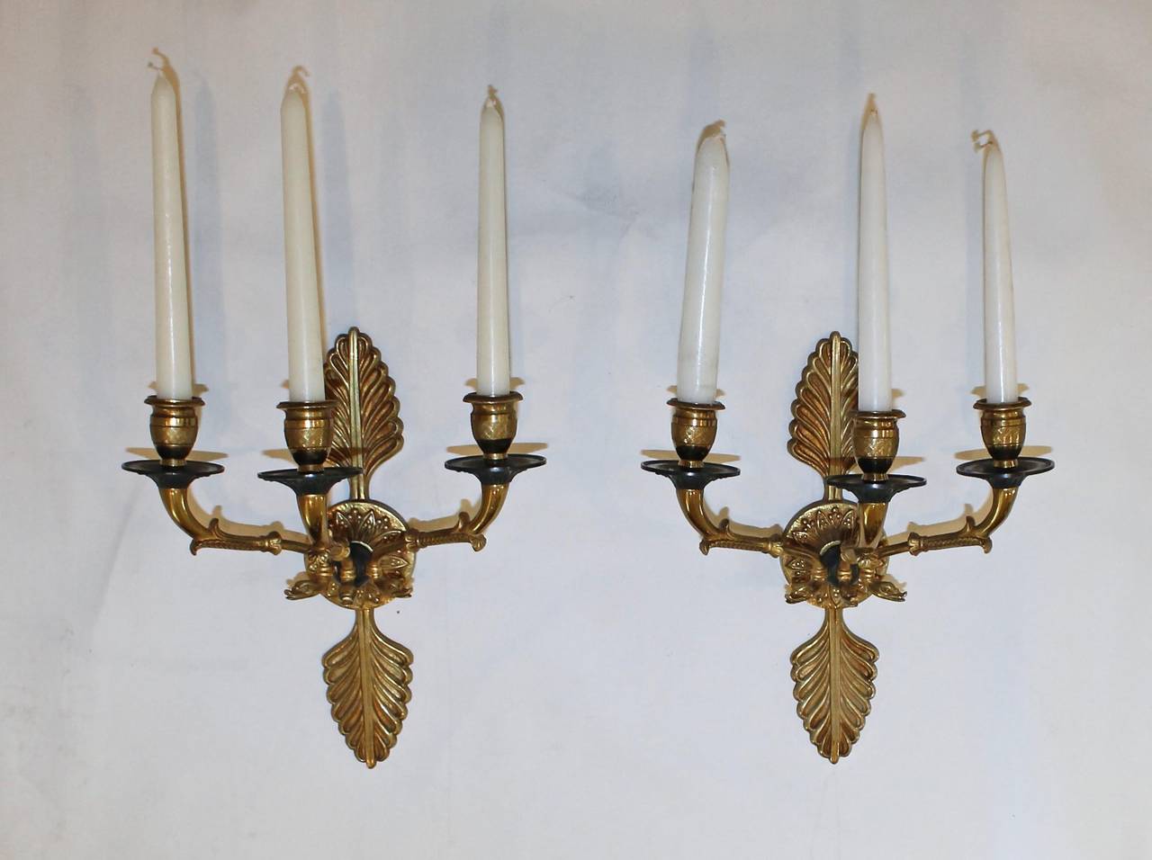 Pair of French Empire Style Doré Wall Sconces In Good Condition For Sale In Dallas, TX