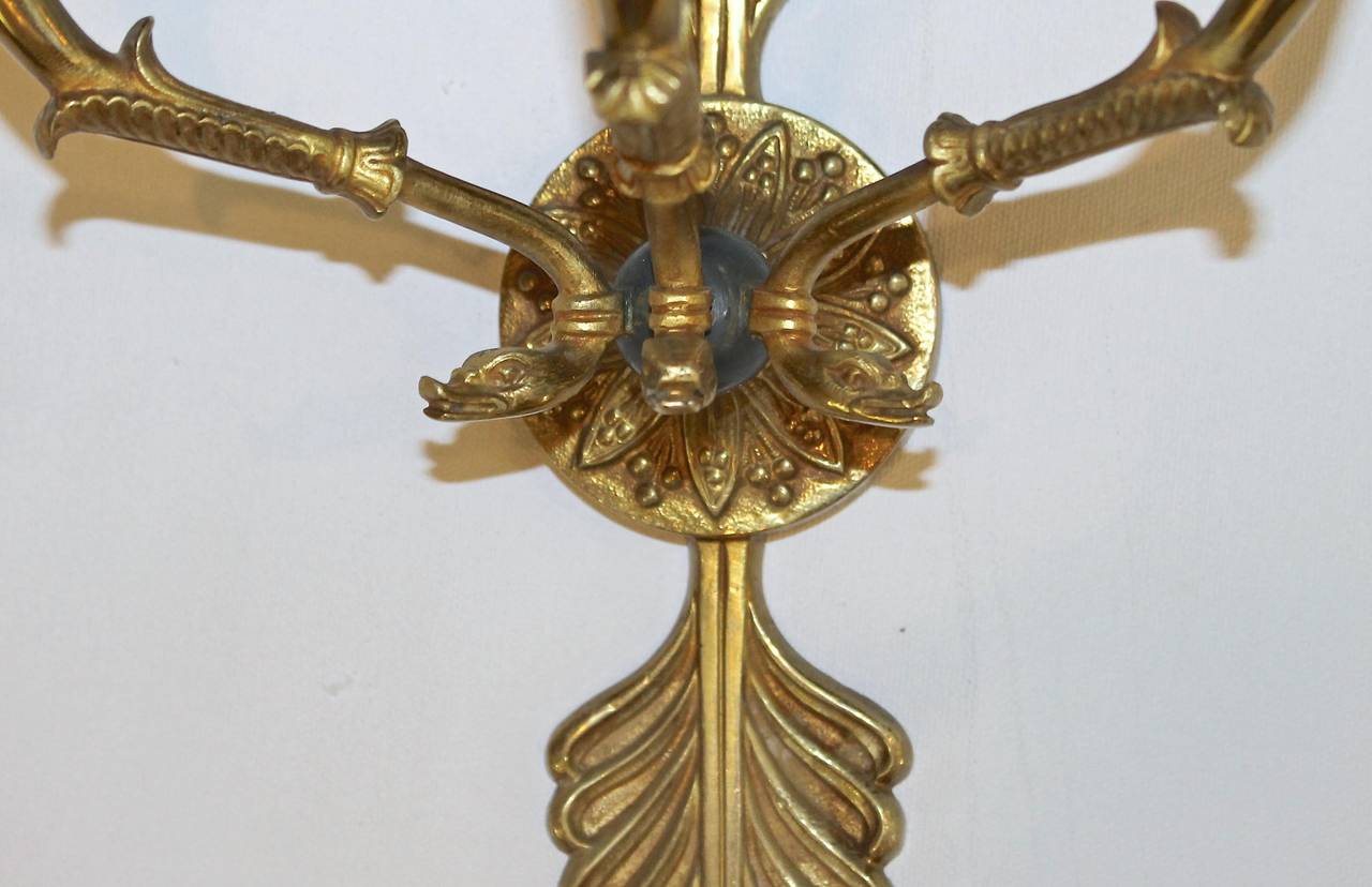 Brass Pair of French Empire Style Doré Wall Sconces For Sale