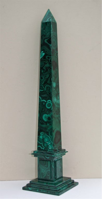 Beautiful hand crafted malachite obelisk made of the highest quality riched detailed natural stone.