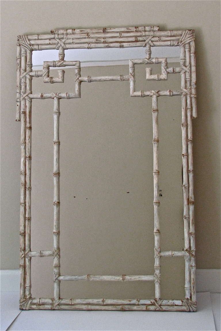 Huge Itailian Carved Wood Faux Bamboo Wall Mirror Large Carved Wood Faux Bamboo Wall Mirror Frame Is Finished In Antiqued Off White Painted