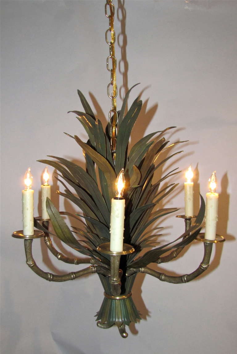Bagues Bronze Faux Bamboo Tole Chandelier In Excellent Condition In Palm Springs, CA