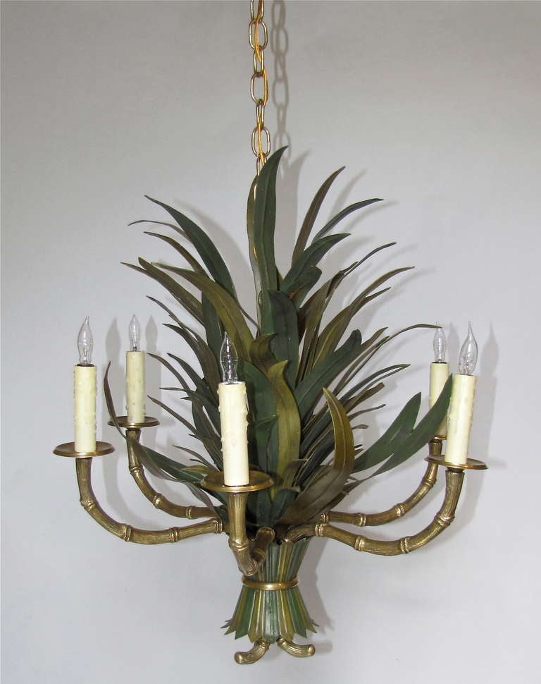 French Bagues Bronze Faux Bamboo Tole Chandelier