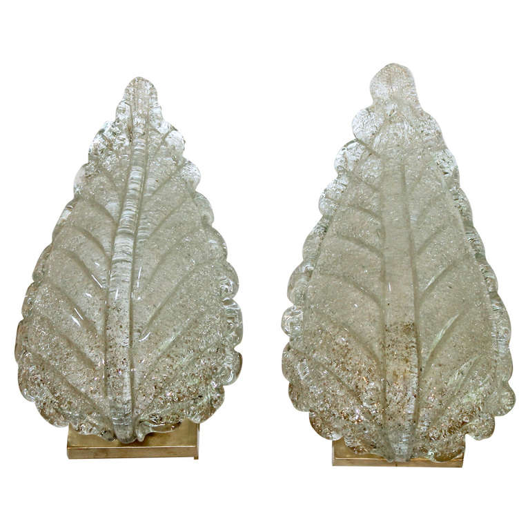 Pair Large Barovier Murano Glass Rugiadoso Leaf Wall Sconces